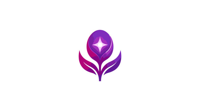 Purple flower logo with star.