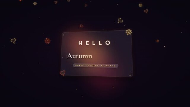 Hello Autumn title card animation with glassmorphism effect, typography, and floating leaves on a dark glowing background