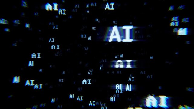 Seamless Loop Abstract Digital Background with Glitchy AI Text Elements in a Cyber Space Network. Blue Version