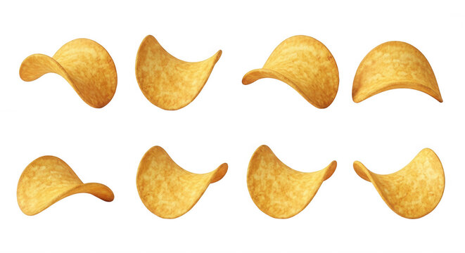 close-up of eight crisps arranged on a white background highlighting texture form and the snack?s presentation use in food product or advertising