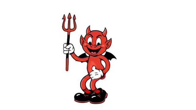 A retro 1930s rubber hose style cartoon mascot of a smiling red devil character holding a pitchfork while dancing, isolated on a clean white background. Great for Halloween promotional banners, vintag