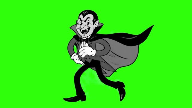 A black-and-white 1930s rubber hose cartoon Dracula character performing a fun dance routine isolated against a bright green screen background. Ideal for video keying, Halloween commercials, and class