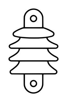 Hand-drawn ceramic insulator vector icon, electrical power line equipment illustration with stacked ribbed sheds and mounting hardware, black outline on white background, technical drawing style