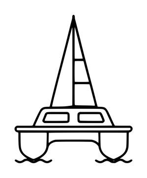 Hand-drawn catamaran sailboat icon, minimalist black line vector illustration of a twin-hull yacht with tall mast floating on gentle waves, perfect nautical graphic
