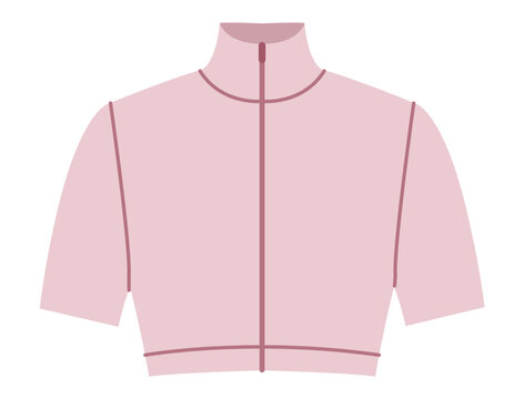 Dusty pink cropped high neck top with short sleeves and center zipper closure. Technical fashion illustration front view in flat color, clean fitted silhouette, modern apparel design template.