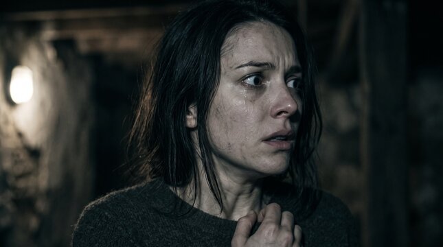 Terrified woman with dirt and tears on her face in a dark, rustic setting 
