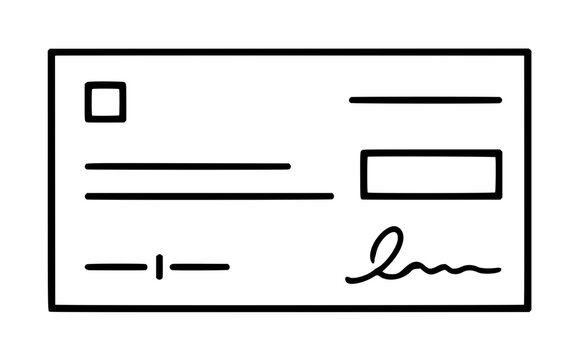 Hand-traced vector line illustration of a blank cheque or bank check with signature line, payment amount box, currency placeholder, and memo field for financial and banking graphic design