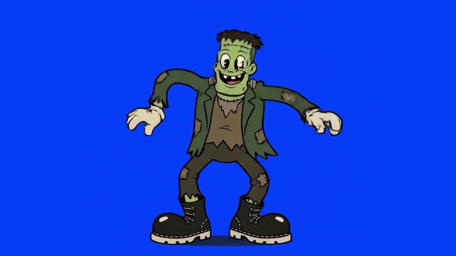 A 1930s rubber hose cartoon mascot of a smiling green Frankenstein monster wearing a tattered jacket, dancing joyfully on a solid blue chroma key background. Perfect for keyable Halloween video overla