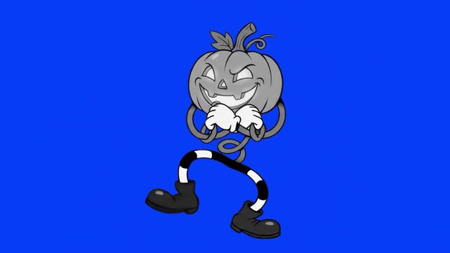 A black and white 1930s rubber hose style retro cartoon jack-o'-lantern pumpkin monster character dancing on a solid blue keyable background. Great for vintage style Halloween commercials, classic mon