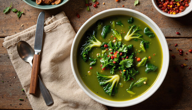Caldo Verde soup with vibrant green kale leaves in a white bowl. Traditional Portuguese vegetable soup on a rustic wooden table. Overhead view of healthy homemade meal