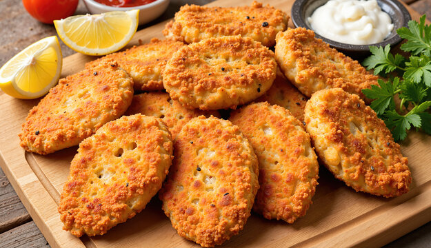 Golden crispy breaded schnitzel cutlets on a wooden board. Fried chicken or pork nuggets served with fresh lemon wedges, parsley and dipping sauces