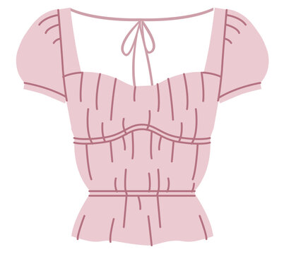 Pink smocked top with square neckline, short puff sleeves and fitted bodice with gathered texture and waist shaping. Technical fashion illustration front view in flat color, modern clothing template