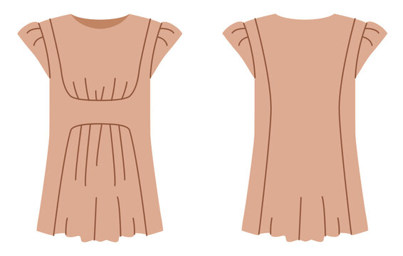Beige structured top with fitted bodice, short sleeves and peplum hem with soft flare. Technical fashion illustration in flat color, front and back views, modern apparel design. Vector