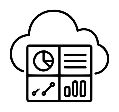 Hand-drawn cloud computing dashboard vector icon illustration featuring analytics charts, pie graph, line graph, and bar chart elements inside a minimalist outline style