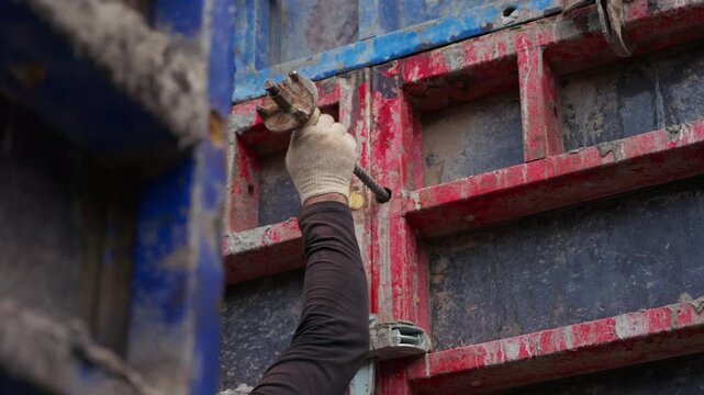 Installing formwork clamp on concrete wall formwork close up
