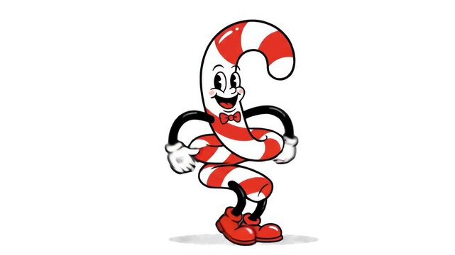 A funny 1930s rubber hose style candy cane mascot with a red bow tie dancing joyfully on a white backdrop. Perfect for classic Christmas promos, festive web graphics, and retro holiday video assets.