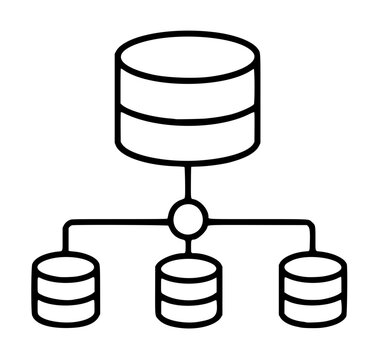 Hand-traced vector icon illustration of a data mart architecture diagram with central database connected to three smaller database nodes below, representing data warehousing hierarchy through clean