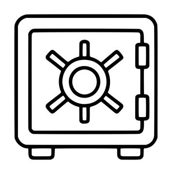 Hand-traced vector icon of a black and white safe deposit box or data vault with combination dial handle and twin locking bolts for security illustration