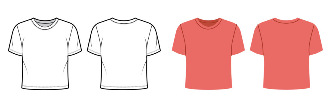 Basic crew neck top with short sleeves and regular fit. Technical fashion illustration in black and white and color, front back views, clean outline, simple silhouette, essential apparel CAD template.