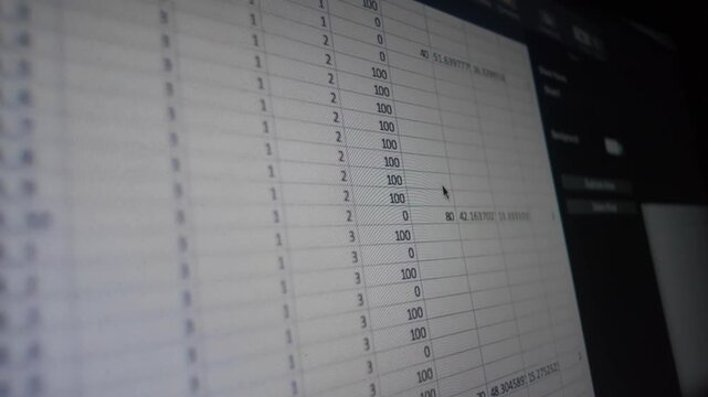 Data spreadsheet view on a computer monitor with numerical values close