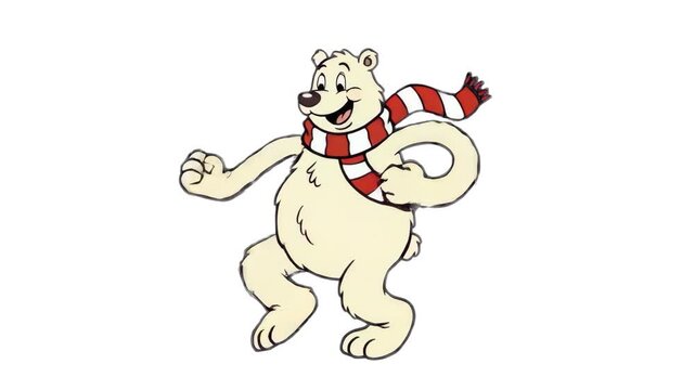 A cheerful retro rubber hose style polar bear wearing a striped scarf dancing merrily against a solid white background. Ideal for Christmas e-cards, winter marketing campaigns, and vintage holiday ani