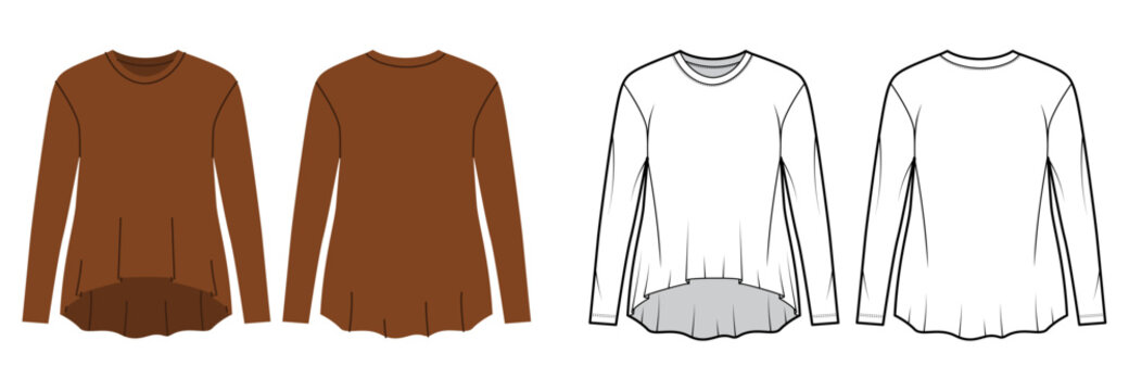 Long sleeve top with flared hem relaxed silhouette, clean neckline soft structure. Technical fashion illustration in black white color, front back views, smooth contour, modern apparel CAD template