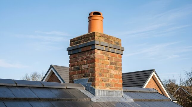 Traditional Red Brick Chimney Stack with Clay Pot on Modern Residential House Roof under Blue Sky