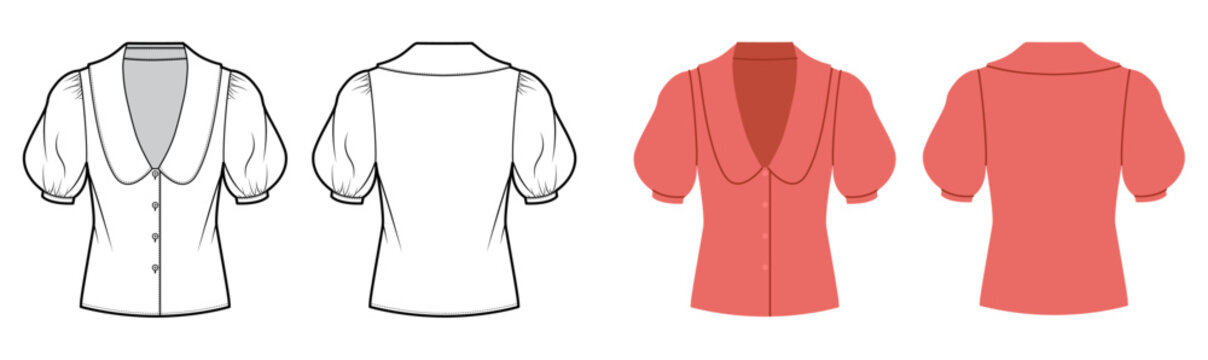Blouse with rounded collar, short puff sleeves fitted silhouette, clean shaping lines and smooth contour. Technical fashion illustration in black white color, front back views, modern apparel CAD