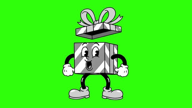 A black and white 1930s rubber hose style retro cartoon gift box character popping open isolated on a solid green chroma key backdrop. Perfect for retro Christmas sales, vintage style holiday commerci
