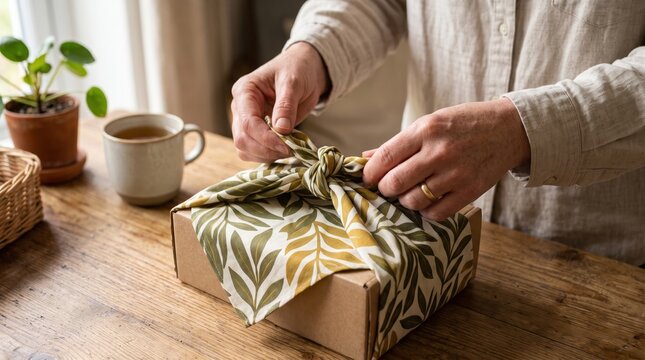Person tying a knot on a gift wrapped in a leaf pattern fabric with a cup of tea nearby