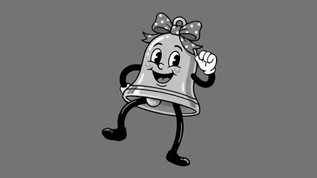 A detailed 3D model of a monochrome 1930s rubber hose style Christmas bell character with a patterned bow dancing, set against a solid dark grey studio backdrop. Designed for vintage black and white h