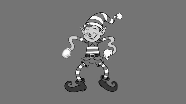 A detailed 3D model of a monochrome 1930s rubber hose style Christmas elf character dancing, isolated against a solid dark grey studio backdrop. Ideal for classic black and white cartoon projects, ret