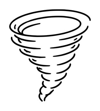 Hand-traced black and white vector illustration of a swirling tornado cyclone funnel with spiraling wind lines forming a dramatic downward vortex on a plain background, hand drawn sketch icon