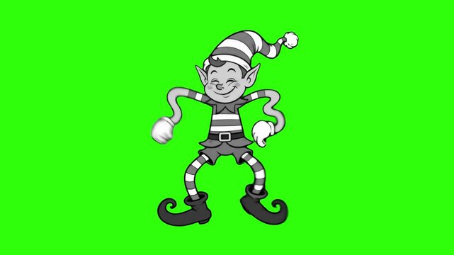 A monochrome 1930s rubber hose cartoon elf dancing merrily on a chroma key green screen. Perfect for classic retro animation overlays, vintage Christmas videos, and holiday keying projects.