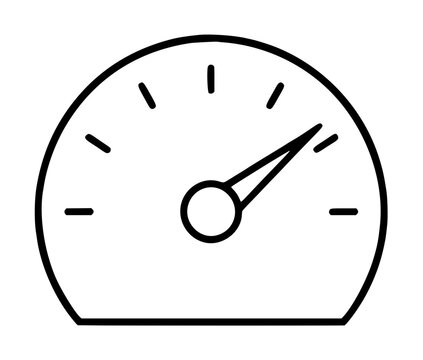 Hand-traced vector icon of a classic dashboard gauge with semicircular dial, tick marks, central hub, and pointer needle indicating speed or performance measurement