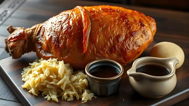 bavarian schweinshaxe (german roasted pork knuckle) served alongside a mound of sauerkraut, a round potato dumpling, and a small ceramic pot of dark beer gravy