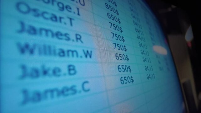 Financial spreadsheet on screen showing monetary dollar amounts close up shot