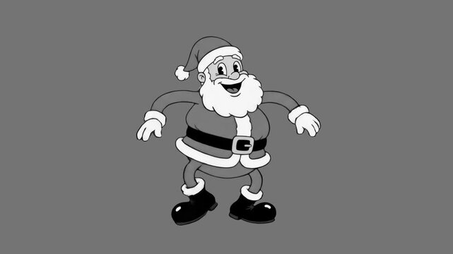 A black and white 1930s rubber hose style retro cartoon Santa Claus character dancing cheerfully isolated on a grey background. Suitable for classic monochromatic animations, retro Christmas promotion