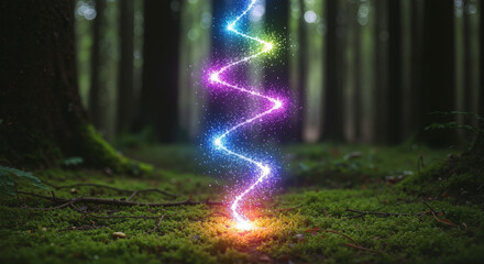 Obraz premium A vibrant, glowing magical energy stream spirals upwards from the forest floor.