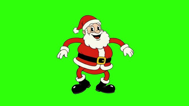 A retro 1930s rubber hose cartoon Santa Claus dancing merrily on a chroma key green screen background. Ideal for classic holiday greetings, vintage Christmas commercials, and festive video overlays.