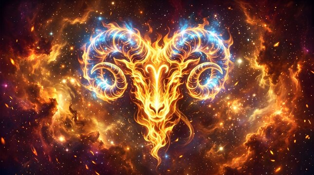 Fiery Aries Zodiac Sign Illustration with Flaming Ram Head in Cosmic Space Nebula Background