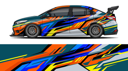 Fototapeta premium Colorful racing car with dynamic abstract paint design.