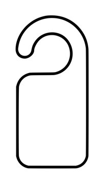 Minimalist black outline door hanger icon, hand-traced vector illustration with rounded corners and curved hook, simple line art symbol for hospitality, hotel service, privacy signage, and do not