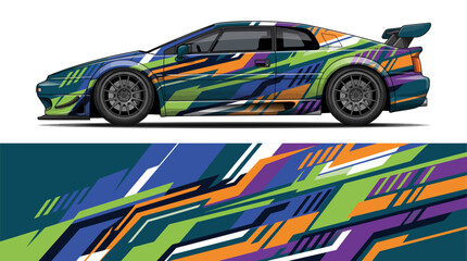Fototapeta premium Colorful racing car with dynamic abstract design wrap.