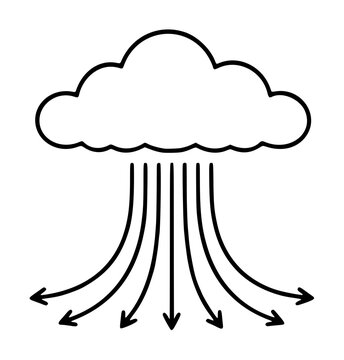 Hand-traced black outline vector illustration of a fluffy cloud with descending arrows spreading outward, symbolizing a strong downpour or rain burst in a minimalistic line art style