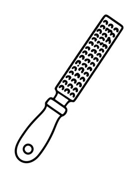 Hand traced vector illustration of a classic wooden handled rasp file tool for shaping drywall, construction and woodworking tasks shown in black line art