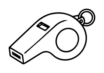 Fototapeta premium Hand drawn vector icon of a classic emergency whistle with metal ring and side mouthpiece, black outline illustration on white background