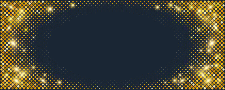 Frame halftone dots with golden shiny border and glow gold black. Disco glitter ball with pattern abstract yellow and background geometric party.