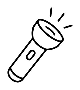 Hand-drawn flashlight icon vector illustration with radiating light beams in minimalist black outline style perfect for camping emergency and outdoor themes