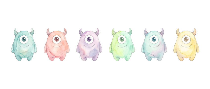 Watercolor cute monster character set standing in a row on white background, friendly pastel one eyed alien cyclops cartoons with horns for children design, playful fantasy creature illustrations.